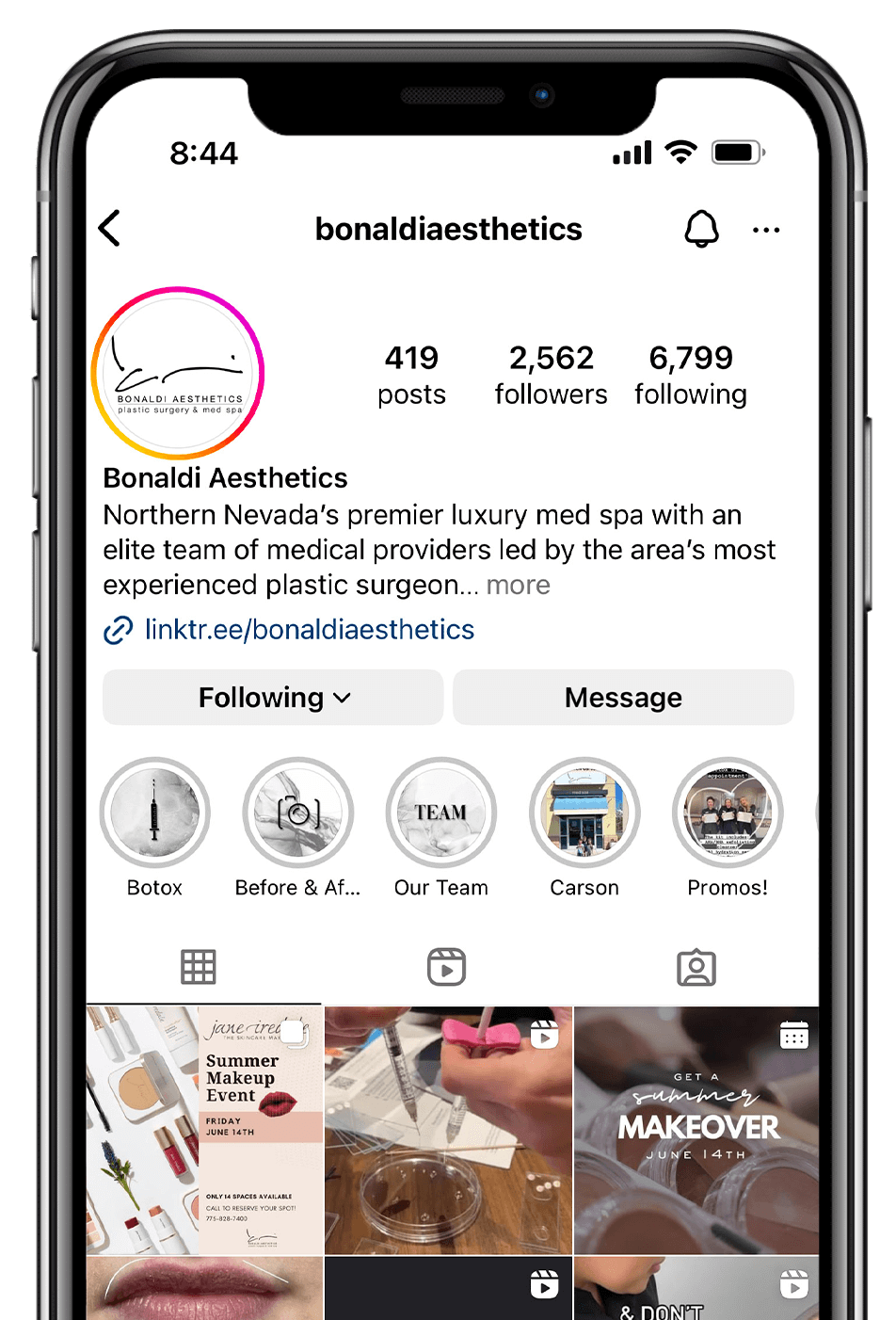 Mobile screen of Bonaldi Aesthetic's Instagram profile